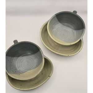 HANDMADE ART POTTERY SOUP BOWL SET WITH ATTACHED SAUCER SIGNED BY ARTIST